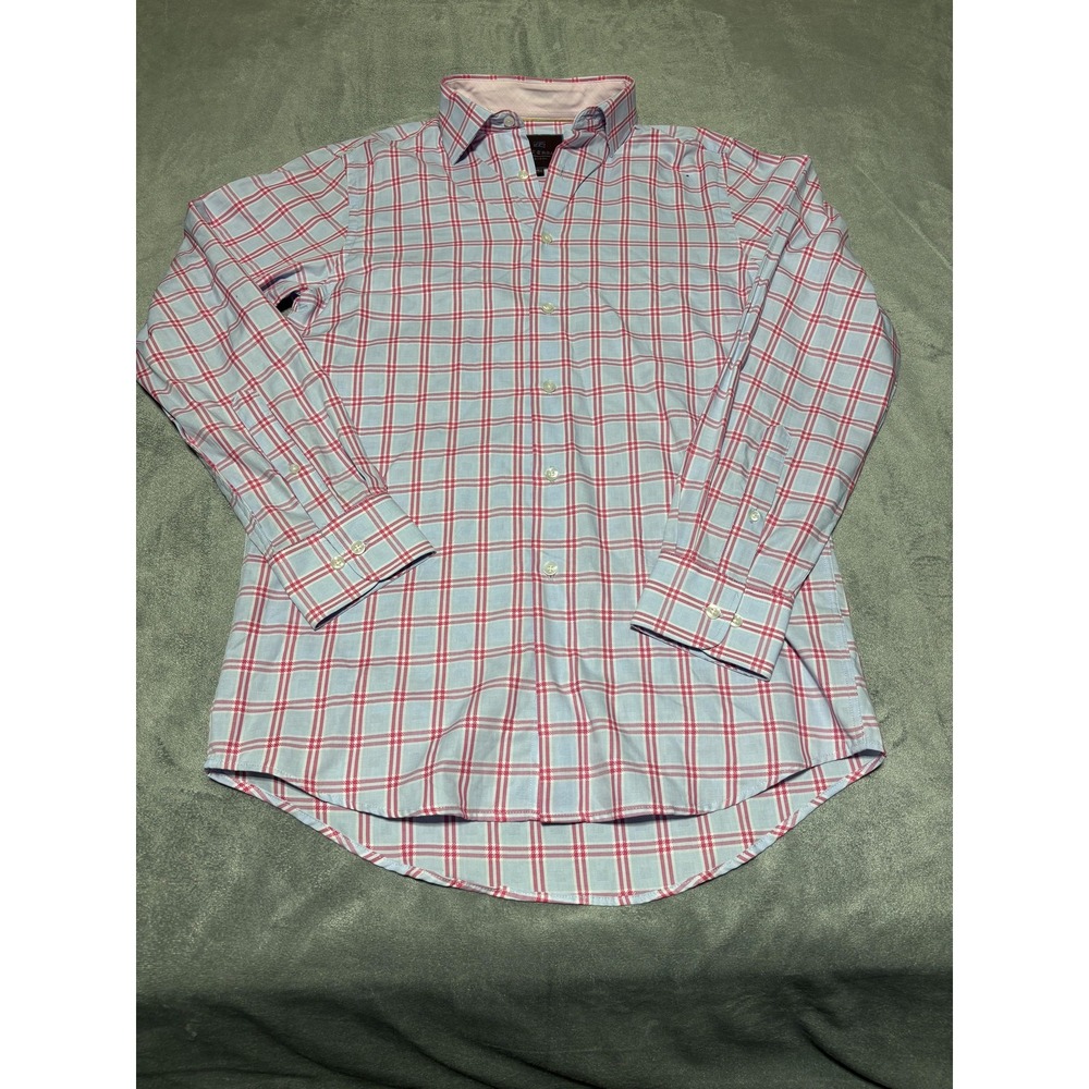 Tattersall Shirt Mens 15 Blue Pink Check Long Sleeve Button Front Cotton